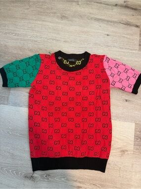 Gucci Logo Knit Top in Red with Green & Pink Sleeves